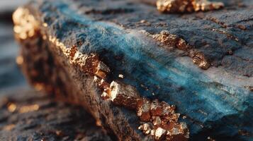 Beautiful blue rock with golden mineral deposits glistening in sunlight near a calm body of water photo