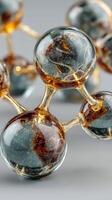 Detailed close-up of molecular structure with golden and transparent spheres representing chemical compounds photo