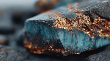 Unique blue and gold mineral on a rocky surface illuminated by soft light in a natural setting photo