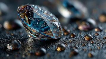 Close-up view of sparkling gems surrounded by water droplets on a textured surface at dusk creating a glittering effect photo