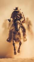 Dramatic horseback chase through dust with gunman in Western landscape during golden hour photo