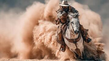 Cowboy rides a horse at full speed through dusty terrain under a bright sky in a western landscape during the day photo