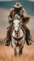 Cowboy riding white horse in open field during sunrise while aiming a revolver photo