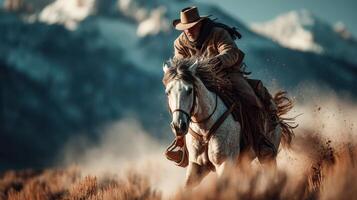 Cowboy riding horse through dusty field near mountains during golden hour in serene landscape photo