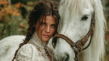 Young woman in vintage attire embraces a white horse in a tranquil outdoor setting during a sunny afternoon photo