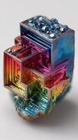 Colorful bismuth crystal specimen showcasing geometric shapes and vibrant hues under natural light photo