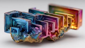 Vibrant bismuth crystal formation showcasing rainbow colors and geometric patterns in a natural setting photo