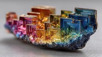 Colorful bismuth crystal formation showcasing unique geometric structures and vibrant hues in natural light photo