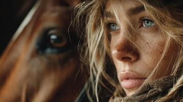 Girl with freckled face gazes thoughtfully beside a brown horse in a rustic setting photo
