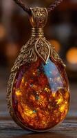 Exquisite amber pendant with intricate gold detailing on display in a softly lit environment photo