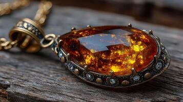 Captivating amber pendant with intricate detailing on a wooden surface photo