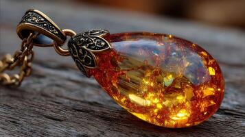 Beautiful amber pendant jewelry piece displayed on wooden surface with intricate details and natural glow photo