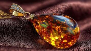 Amber pendant with intricate details displayed on a rich fabric surface in an elegant setting photo