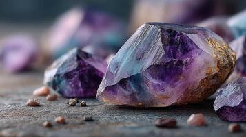 Vibrant raw amethyst crystals scattered on a textured surface in a natural light setting photo