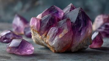 Amethyst crystal cluster surrounded by smaller crystals on a textured surface photo