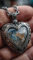 Heart-shaped pendant features intricate design and natural stone, showcasing beautiful colors and textures in detailed close-up photo