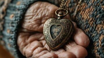 Antique heart-shaped locket held gently in elderly hands with textured skin on display in warm indoor lighting photo