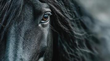 Close-up view of a majestic black horse with flowing mane captured outdoors in natural light during the day photo