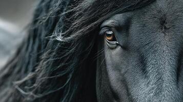 Majestic black horse with flowing mane showcasing expressive eye in close-up portrait photo