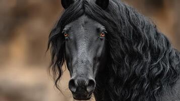 Majestic black horse with flowing mane standing in natural surroundings during golden hour photo
