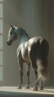 Majestic white horse standing in sunlight in an elegant room with tall columns during afternoon hours photo