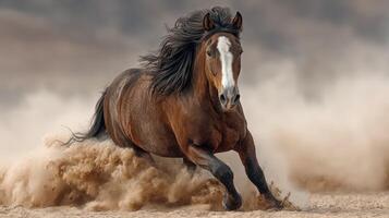 Majestic horse galloping through sandy terrain during dusk with flowing mane and dust flying photo