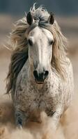 Grey horse running through sandy landscape under a clear sky during the late afternoon photo