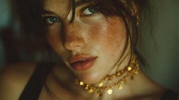 Portrait of a woman with striking freckles and golden jewelry captured indoors in a soft light setting photo