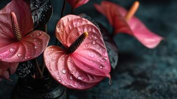 Pink anthurium flowers with dew drops in a dark vase create a stunning display in a modern setting photo