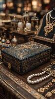 Beautiful ornate jewelry box surrounded by antique ornaments in a vintage shop setting photo