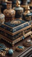 Decorative jewelry box surrounded by intricate ornaments and decorative containers on display in a market setting photo