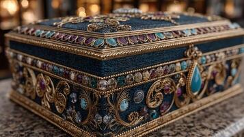 Intricately designed decorative treasure chest with colorful jewels on display in a luxurious setting photo