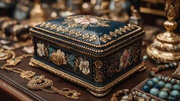 Exquisite jewelry box adorned with floral designs and intricate details in a lavish display of antique treasures photo