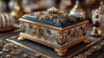 Exquisite vintage jewelry box displayed among ornate accessories in a beautifully arranged setting photo