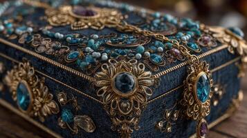 Elaborate antique jewelry box adorned with blue gems displayed on a wooden table in soft lighting photo