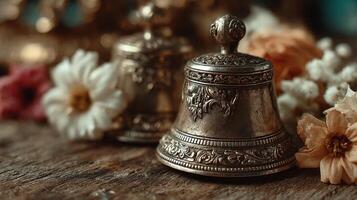 Decorative vintage bells surrounded by dried flowers on a rustic wooden surface photo
