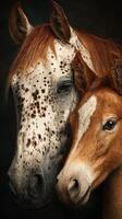 Beautiful horses interact closely with their young foal in a serene setting showcasing their bond and charm photo