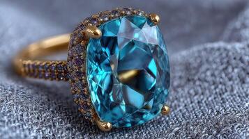 Luxurious teal gemstone ring with intricate gold setting displayed on soft blue fabric in elegant lighting photo