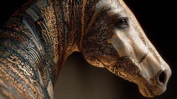 Sculpture of a horse intricately covered with calligraphy patterns showcasing artistic craftsmanship and cultural significance photo