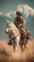 Cowboy riding a white horse through grassy plains with mountains in the background on a clear day photo