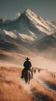 Horseback riders journey through a misty valley with mountains in the background during golden hour in the early morning light photo