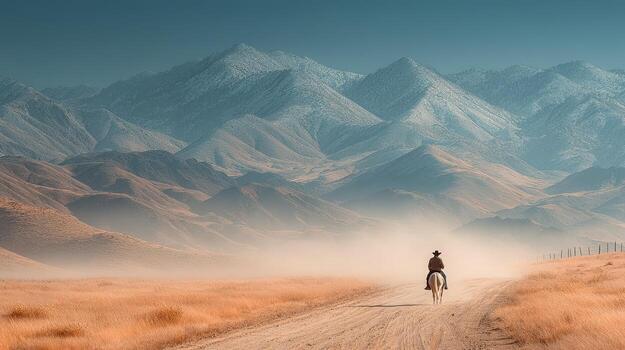 Horse rider traverses a dusty path through golden grass with majestic mountains in the background during a serene afternoon photo