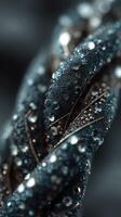 Intricate design of tightly woven metallic threads adorned with glimmering jewels and droplets of water on a dark background photo