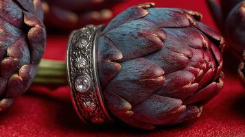 Stunning floral ring placed among vibrant artificial artichokes in a rich red display setting photo