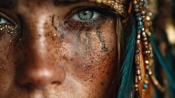 Portrait of a person with intricate makeup and accessories, showcasing deep expression and cultural elements during a festival celebration photo
