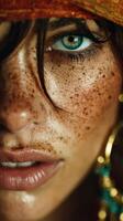 Close view of a woman's face with freckles, green eye and gold earring, wearing a bandana photo