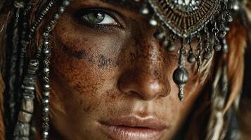 Close-up portrait of a person adorned with tribal accessories in natural light highlighting intricate details photo