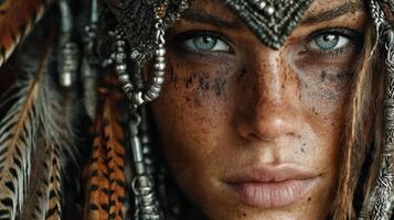 Portrait of a woman adorned with feathers and tribal jewelry, highlighting cultural expression and natural beauty in a close-up setting photo