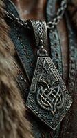 Intricate silver pendant with Celtic design worn by a character in a detailed medieval setting photo