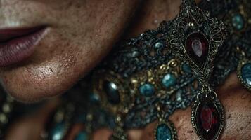 Elegant jewelry adorns a woman's neck, showcasing intricate designs with gems in a close-up view during a dramatic fashion shoot photo